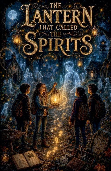 "The Lantern That Called The Spirits". Kinder mit Laterne, Geister erscheinen. Verzauberter Wald bei Nacht.