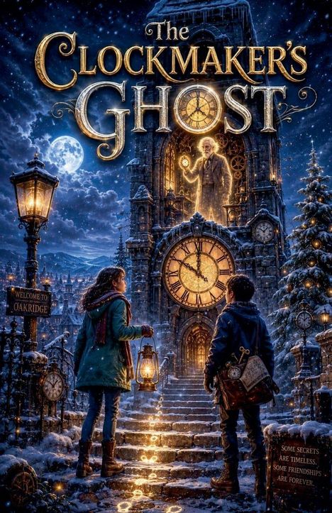 "The Clockmaker's Ghost". Zwei Kinder stehen vor einer alten Uhr. Es ist winterlich, mit Laternen und einem Geist im Turm.
