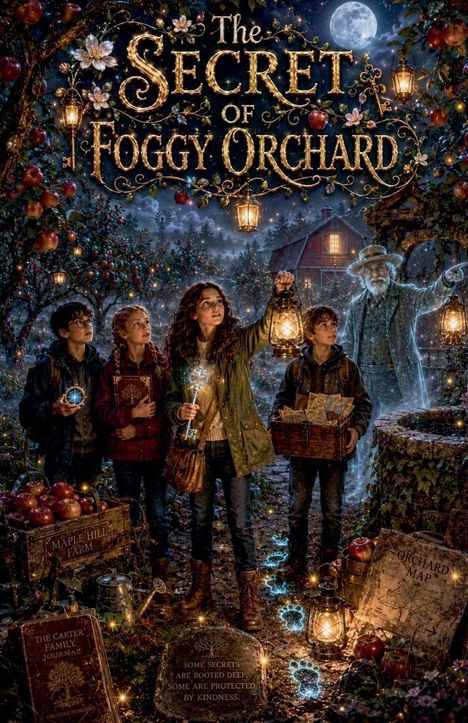 "The Secret of Foggy Orchard." Kinder im Obstgarten mit Laternen. Geisterhafter Mann zeigt den Weg. Stimmungsvoll und magisch.