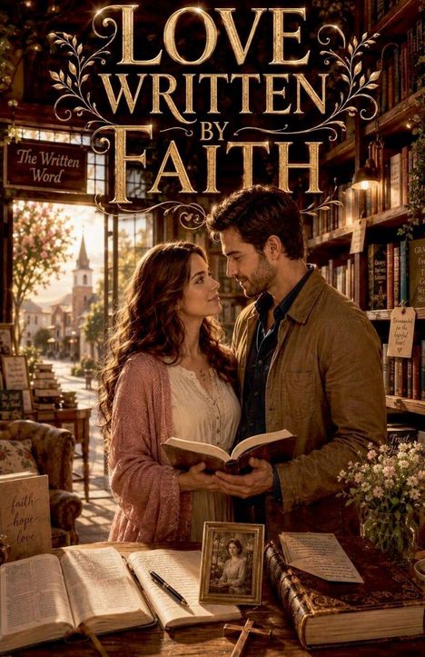 Text: "LOVE WRITTEN BY FAITH", "The Written Word". Ein Paar in einer gemütlichen Buchhandlung, sie halten ein Buch zusammen.