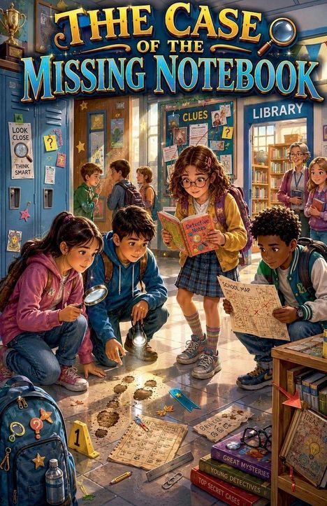 "The Case of the Missing Notebook." Kinder mit Lupe und Notizblock suchen Hinweise in einer Schule, voller Farben und Details.
