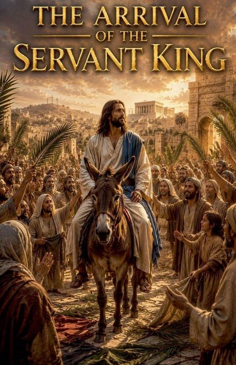 „The Arrival of the Servant King“: Eine Person auf einem Esel, umgeben von jubelnden Menschen mit Palmen. Historische Szene.
