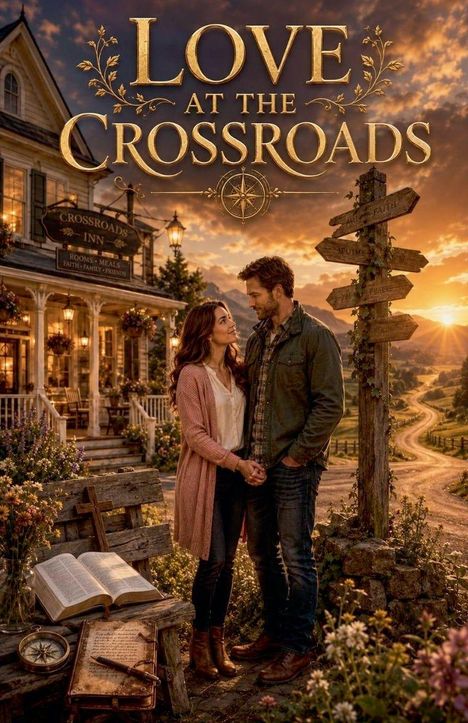 "Love at the Crossroads" zeigt ein Paar vor einem Gasthaus bei Sonnenuntergang, umgeben von Blumen und einem Wegweiser.