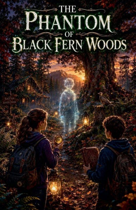 Text: „The Phantom of Black Fern Woods“. Zwei Kinder mit Rucksack und Kompass in einem Wald, ein Geisterjunge erscheint.