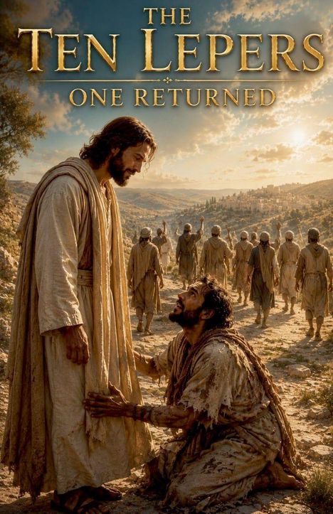 "The Ten Lepers - One Returned." Eine historische Szene: Ein Mann kniet vor einem Stehenden, im Hintergrund eine Stadtlandschaft.