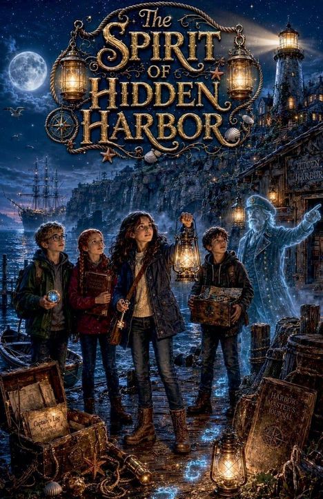 Text: „The Spirit of Hidden Harbor“, „Hidden Harbor“, „Captain's Log“, „Harbor Master's Journal“. 

Vier Kinder mit Laternen, ein Geist, nächtliche Hafenlandschaft.