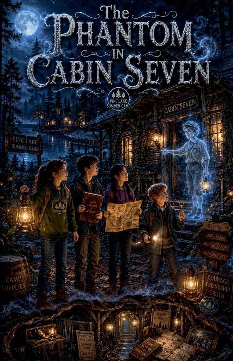 "The Phantom in Cabin Seven" steht oben. Kinder mit Laternen erkunden nachts eine Hütte und begegnen einem Geisterjungen.