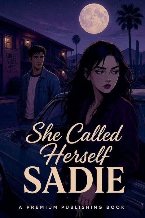 „She Called Herself Sadie“. Nacht, Frau und Mann vor Motel unter Vollmond. Illustration mit Wüste und Palmen.