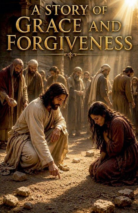 Text: "A Story of Grace and Forgiveness". Eine Szene mit Personen in historischen Gewändern. Starke Lichtstrahlen fallen herein.