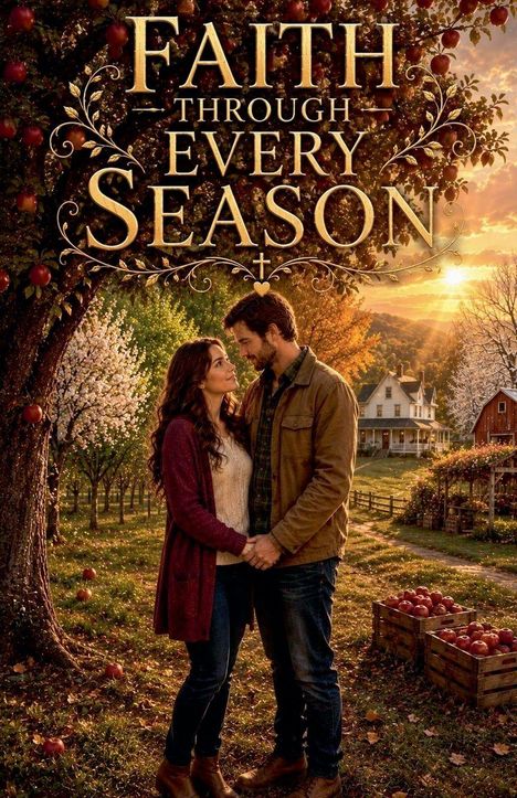 "Faith Through Every Season" steht groß. Ein Paar hält sich in einem Apfelgarten unter einem Baum bei Sonnenuntergang.