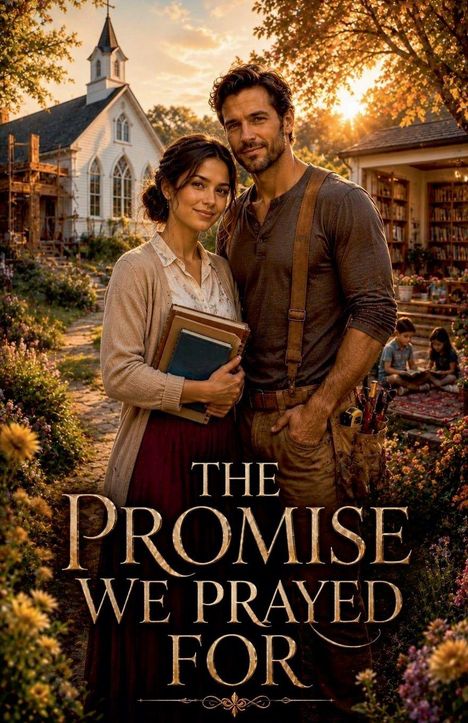 "The Promise We Prayed For" ist in großer Schrift sichtbar. Ein Paar steht vor einer Kirche und einem blühenden Garten bei Sonnenuntergang.
