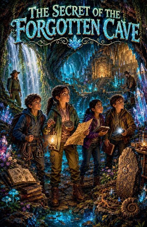 "THE SECRET OF THE FORGOTTEN CAVE" ist der Text. Eine Gruppe von Kindern erforscht eine geheimnisvolle, leuchtende Höhle.