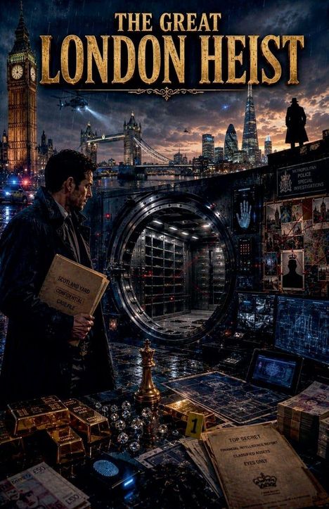 „THE GREAT LONDON HEIST“ in großen Buchstaben. Eine offene Tresortür, Mann mit Ermittlungsunterlagen, Londoner Skyline.