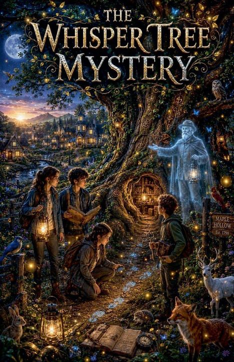 "The Whisper Tree Mystery" in goldener Schrift. Junge Menschen mit Lampen erkunden, ein Geist zeigt auf ein Baumhaus, viele Tiere.