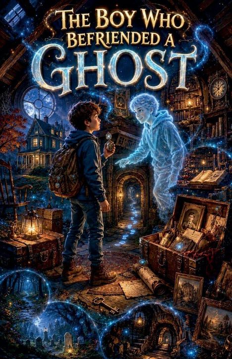"The Boy Who Befriended a Ghost." Ein Junge hält eine Taschenuhr, vor ihm ein leuchtender Geist in einem verwunschenen Raum.