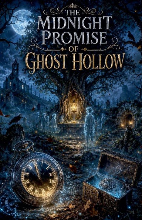 „The Midnight Promise of Ghost Hollow“ steht in verschnörkelter Schrift. Geisterhafte Figuren vor einem alten Baum.