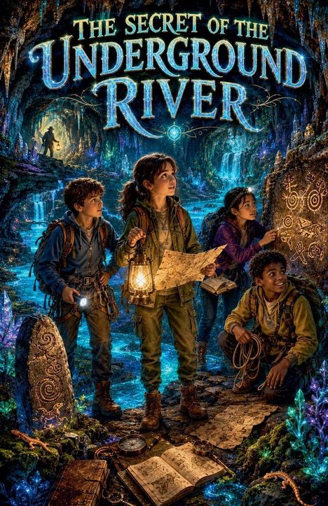 "The Secret of the Underground River": Vier Kinder in Höhle mit Karte und Laterne, umgeben von leuchtenden Kristallen und Felszeichnungen.