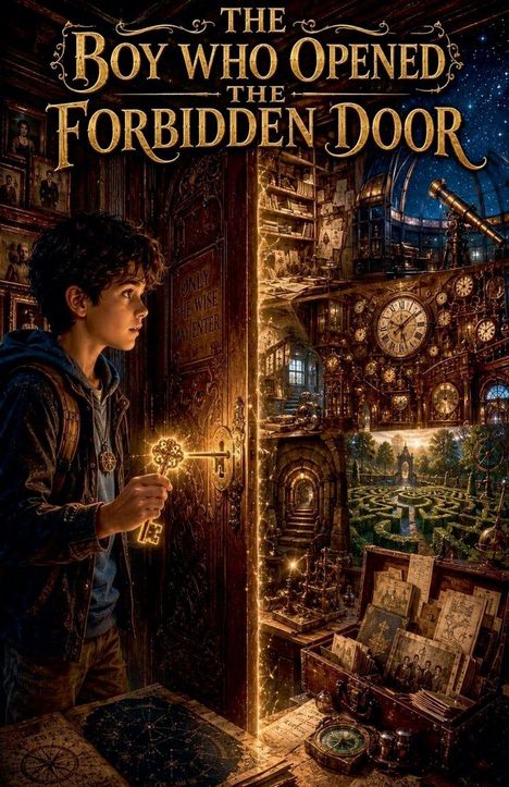 Text: "The Boy Who Opened the Forbidden Door”, "Only the wise may enter". Illustration: Junge mit Schlüssel öffnet verzauberte Tür.