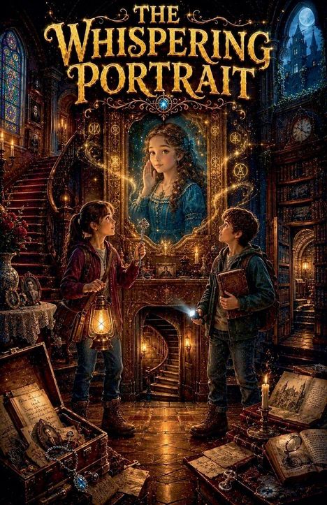 „The Whispering Portrait“ steht über einem verzauberten Raum voller Bücher, Kindern mit Lampen und einem Portrait einer Frau.