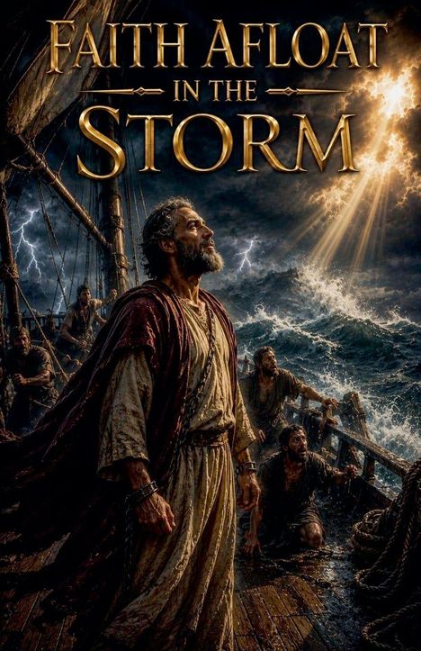 "Faith Afloat in the Storm" steht in goldener Schrift. Männer auf einem Segelschiff trotzen einem tobenden Sturm.