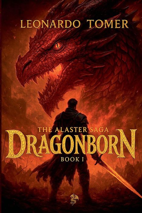 "Leonardo Tomer", "The Alaster Saga", "Dragonborn", "Book I". Ein Krieger mit einem Schwert steht vor einem Drachenkopf.
