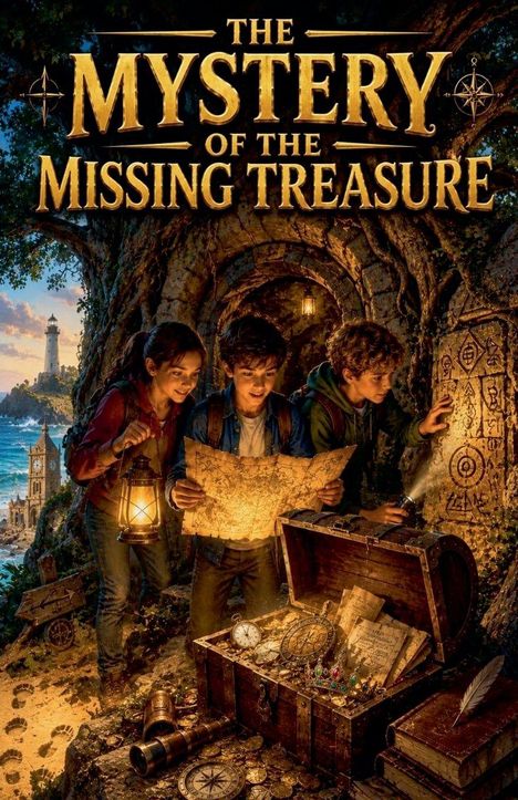 „THE MYSTERY OF THE MISSING TREASURE“. Drei Kinder mit Karte und Lampe vor Schatztruhe; Küstenlandschaft mit Leuchtturm.