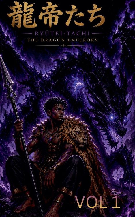 "RYUTEI-TACHI. THE DRAGON EMPERORS. VOL 1." Krieger mit Speer, in Fell gekleidet, sitzt vor einem dunklen Drachen.