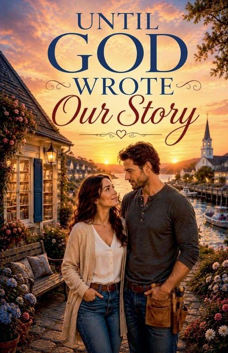 UNTIL GOD WROTE OUR STORY. Ein Paar steht romantisch an einem blumenreichen Ufer bei Sonnenuntergang.