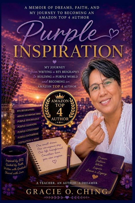"Purple Inspiration" von Gracie O. Ching, eine Memoirenreise zur Amazon-Top-4-Autorin, inspiriert von BTS. Frau mit Stift.
