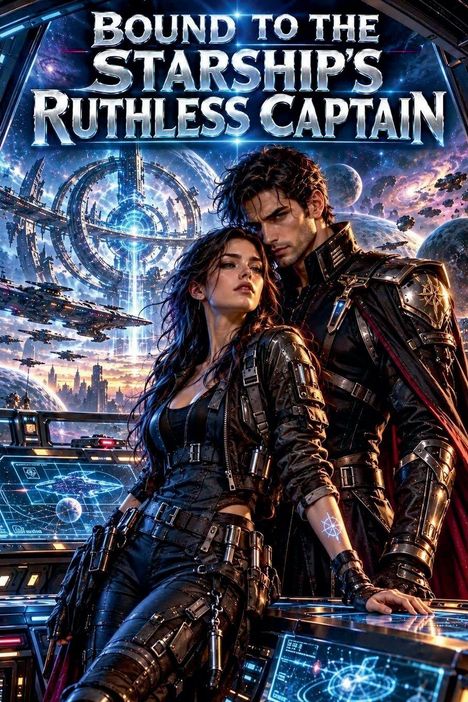„Bound to the Starship's Ruthless Captain“: Zwei Figuren in futuristischer Uniform vor einem Raumschiff und Weltraumkulisse.