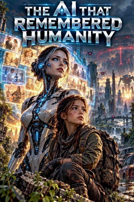 „The AI That Remembered Humanity“ in großer Schrift, Cyborg-Frau und junges Mädchen vor futuristischer Stadt und Drohnen.