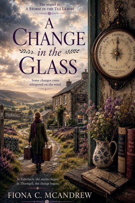 Text: "A Change in the Glass", "Some changes come whispered on the wind." Frau mit Koffern vor einem Gasthaus, ländliche Szenerie.