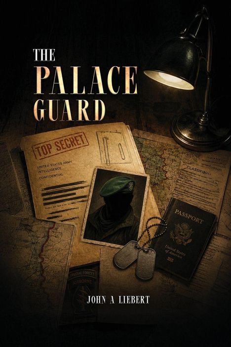 Text "The Palace Guard" oben, "John A. Liebert" unten. Dossiers, Foto eines Soldaten, Reisepass, Hundemarken, Tischlampe.