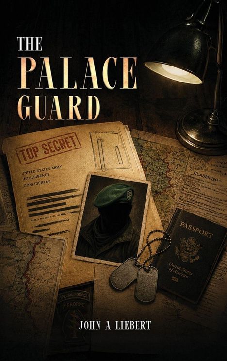"THE PALACE GUARD", John A. Liebert. Unterlagen mit "TOP SECRET", Karte, Militärerkennungsschild, Lampe und Reisepass auf einem Tisch.