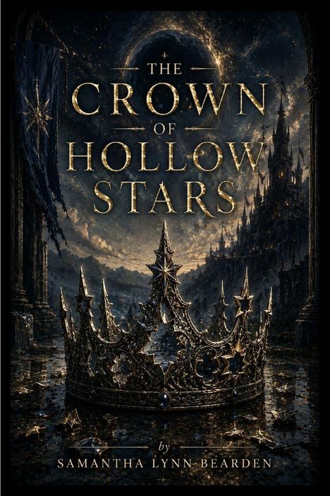 "The Crown of Hollow Stars" von Samantha Lynn Bearden über einer kunstvollen Krone, umgeben von Sternen und einem Schloss.