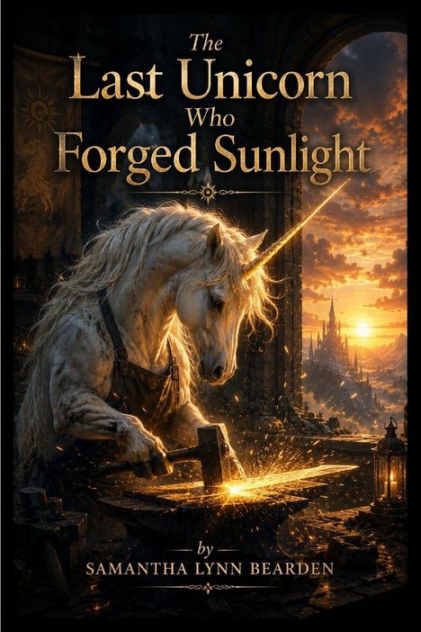 "The Last Unicorn Who Forged Sunlight" von Samantha Lynn Bearden. Ein Einhorn schmiedet mit einem Hammer bei Sonnenuntergang.
