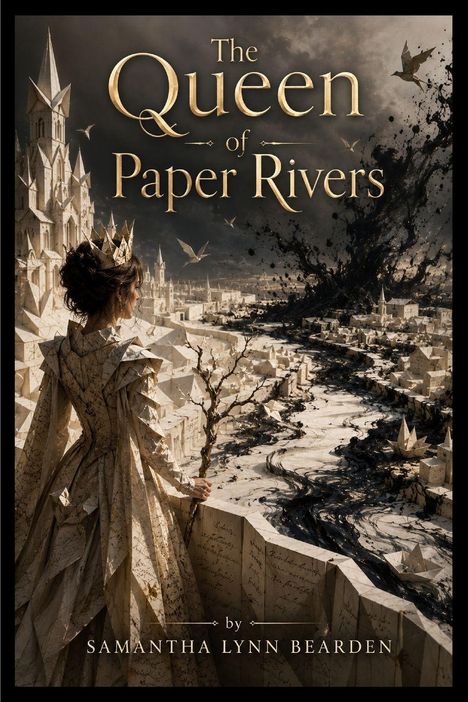 "The Queen of Paper Rivers" von Samantha Lynn Bearden: Eine figur mit Krone blickt auf eine papierartige, dramatische Szene.