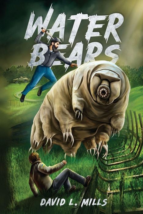 "Water Bears" oberhalb, "David L. Mills" unten. Illustration: Riesiges Bärtierchen, Menschen in Aktion.