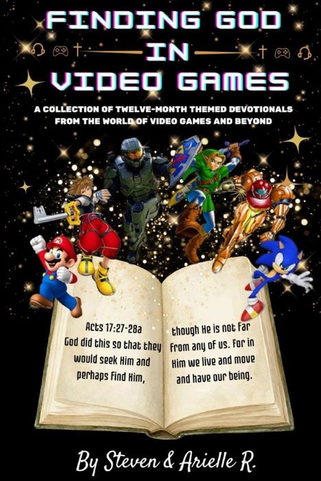 "FINDING GOD IN VIDEO GAMES." Figuren aus Videospielen schweben über einem aufgeschlagenen Buch mit verspieltem Text.