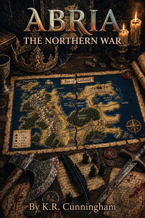 "Abria: The Northern War" oben, "By K.R. Cunningham" unten. Detailreiche Fantasy-Karte mit Krone, Axt und Kerzen.