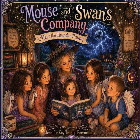 "Mouse and Swan's Company: Meet the Thunder Puppy". Eine zauberhafte Szene mit Kindern und einer Frau, die ein Buch liest.