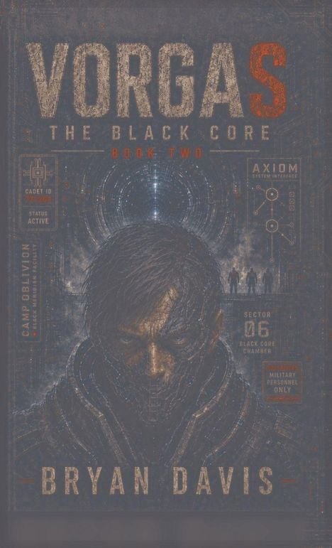 "Vorgas: The Black Core, Book Two." Zeichnung: Maskierter Mensch vor Tunnel, militärisches Thema. Autor: Bryan Davis.