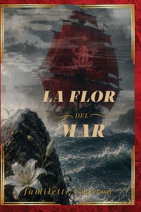 "La Flor del Mar" in großen Buchstaben, darunter "Jamillette Cintron". Ein rotes Segelschiff auf stürmischer See, weiße Lilie.