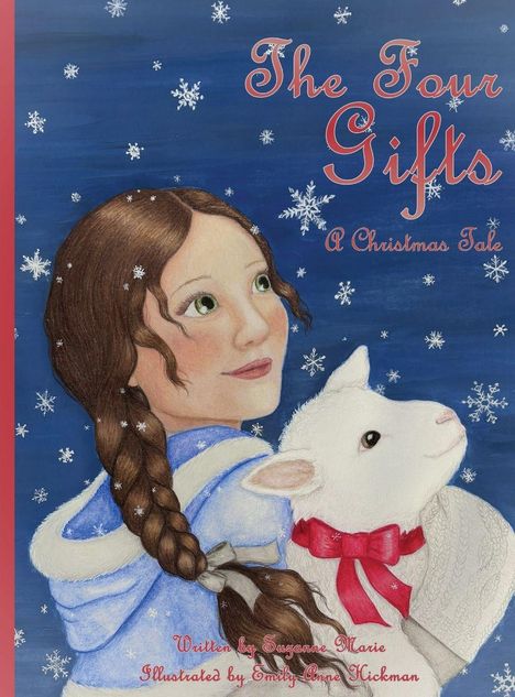 Text: "The Four Gifts, A Christmas Tale". Mädchen mit Zopf hält Schaf, umgeben von Schneeflocken.