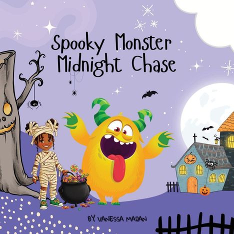 "Spooky Monster Midnight Chase by Vanessa Maden." Gelbes Monster mit Hörnern, Kind in Mumienkostüm, Kürbisse, Spinnweben.