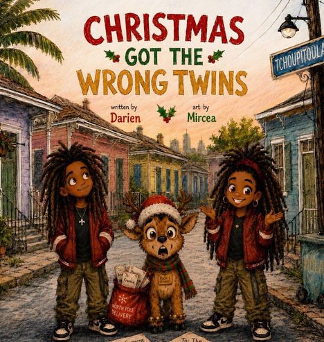 "CHRISTMAS GOT THE WRONG TWINS" steht oben. Zwei fröhliche Kinder und ein Rentier mit Weihnachtsmütze auf der Straße.