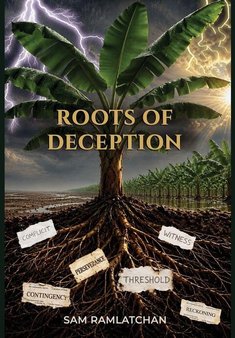 „Roots of Deception“, „Complicit“, „Perseverance“, „Threshold“, „Contingency“, „Witness“, „Reckoning“, Sam Ramlatchan. Ein Baum mit sichtbaren Wurzeln, Blitzen am Himmel.