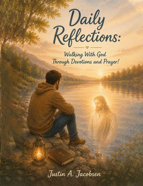 "Daily Reflections: Walking With God Through Devotions and Prayer!" Illustration: Mann am Fluss, Jesus spiegelnd. Buch und Laterne.