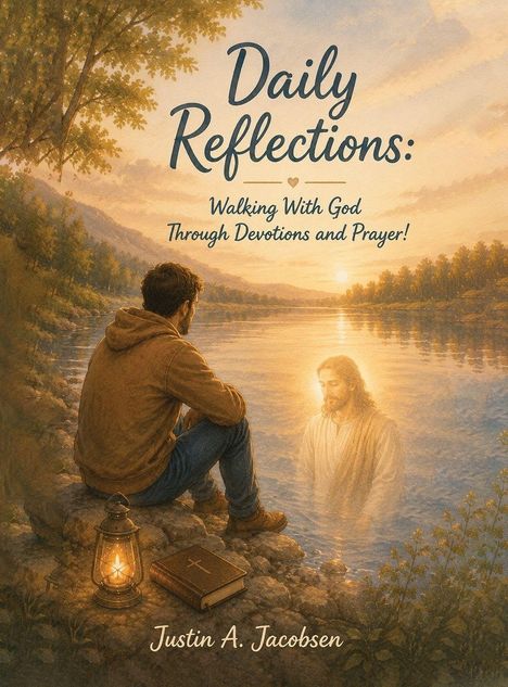 "Daily Reflections: Walking With God Through Devotions and Prayer!" zeigt einen Mann am Fluss und Jesus im Wasser.