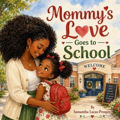 "Mommy's Love Goes to School", "WELCOME", Tafel: "You are loved. You can do great things!" Illustration: Mutter mit Tochter, Schulgebäude.